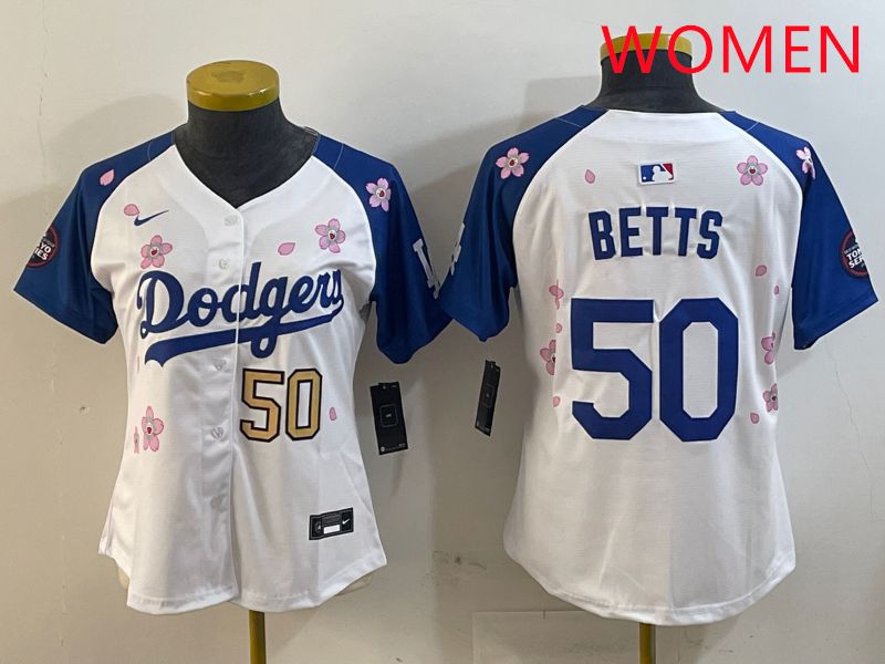 Women Los Angeles Dodgers 50 Betts White Blue Sakura Edition 2025 Nike MLB Jersey style 6